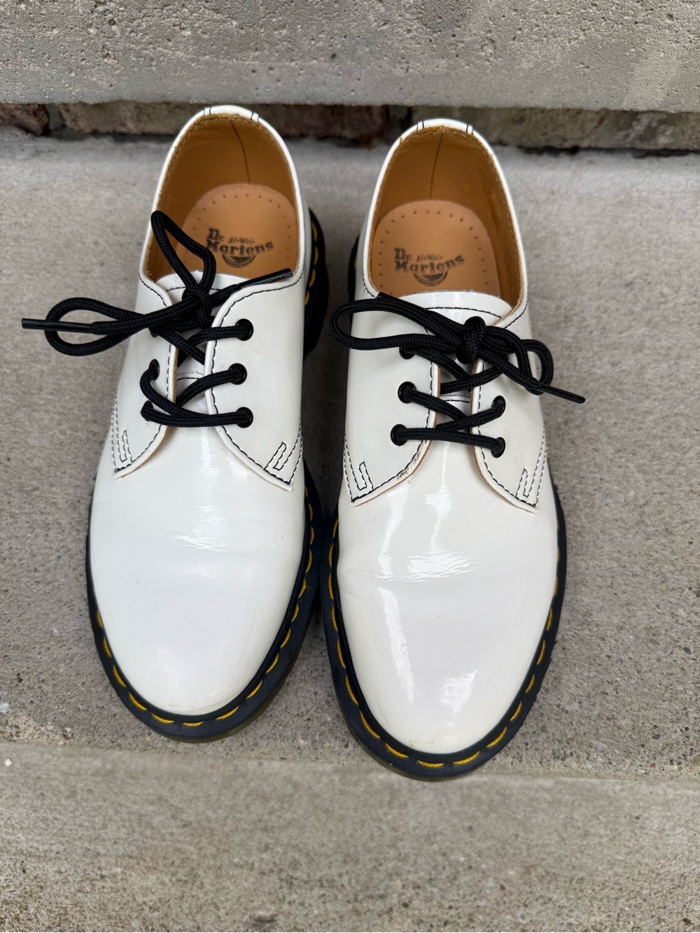 Dr. Martens White Patent 3-Eye Shoe with Black Laces